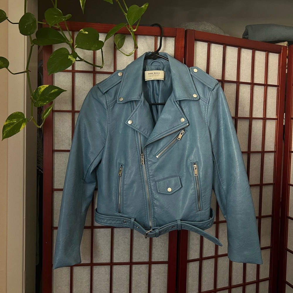 Light Blue Leather Moto Jacket Size Small Zara Faux Leather Motorcycle Jacket